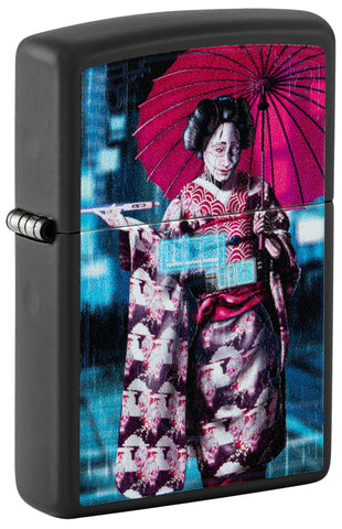 Front shot of ˫ Black Light Cyber Kimono Design Black Matte Windproof Lighter standing at a 3/4 angle.
